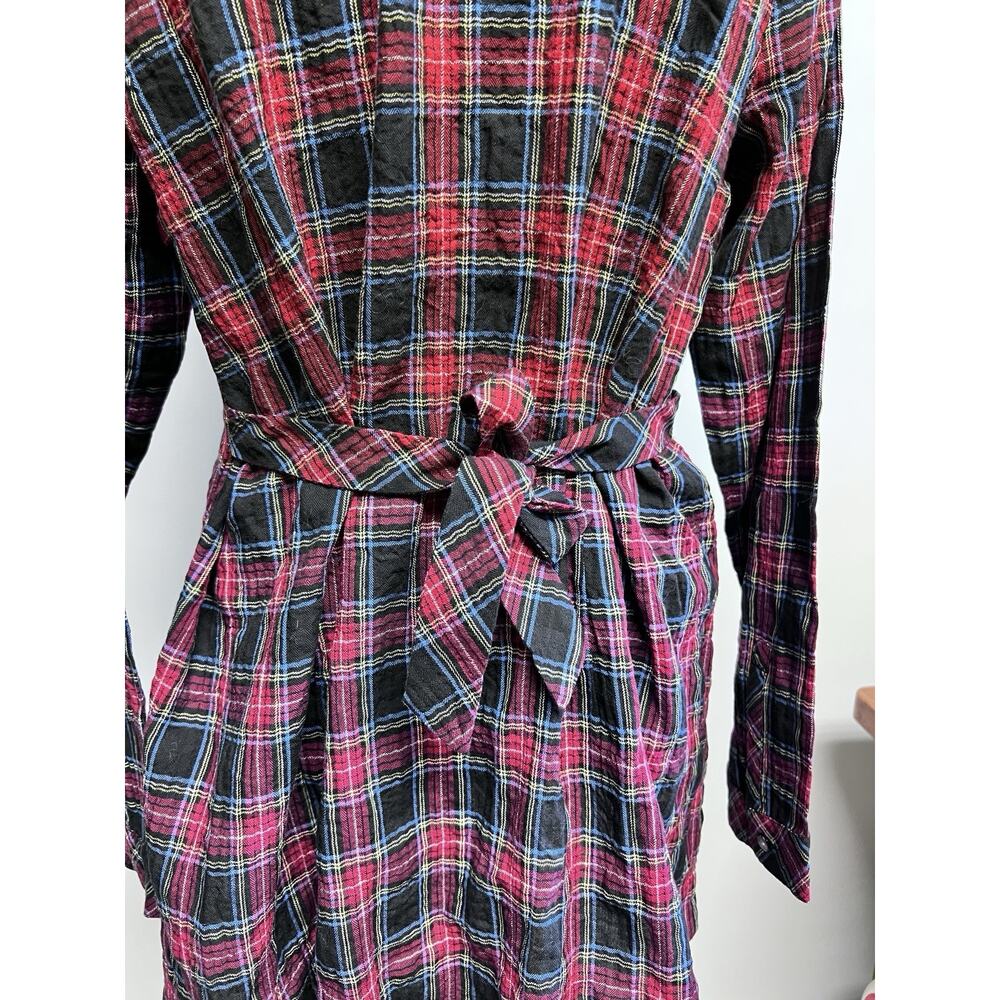 J Jill Plaid Button Down Tie‎ Back Medium Tunic Top Red Black Preppy Holiday - Picture 7 of 14